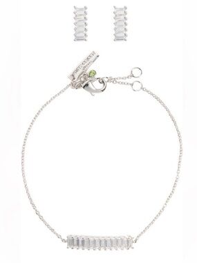 Kurt Geiger NIB Silver Bar Necklace & Earrings Set with CZ Stones